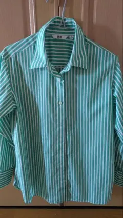 ■美品■ユニクロ　コットンストライプシャツ 長袖 上品 　緑 グリーン S