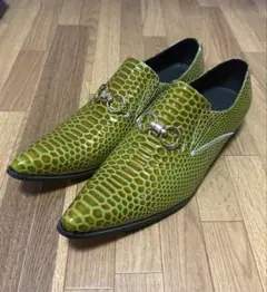 グリーン ヘビ柄 ドレスシューズ