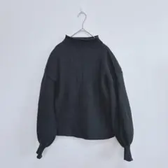 ボトルネック セーター M ダークグリーン リブ編み バルーンスリーブ ニット