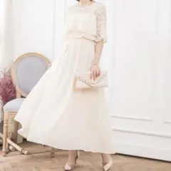 結婚式ワンピース胸元フリルのレースドレスロングドレス オケージョン