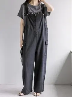 フロントボタンデニムサロペット オーバーオール サロペットパンツ 黒