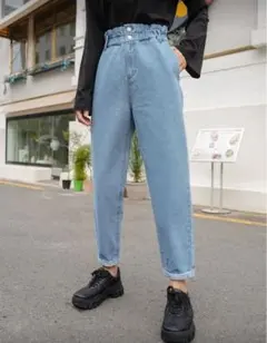 ライトブルー ハイウエストデニムパンツ