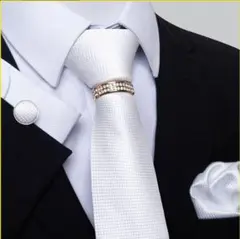 ネクタイ　チーフ　カフス　リング　4点セット　格子柄　結婚式　イベントパーティー