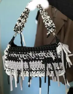 Tシャツヤーン バッグ モノトーン 白 黒 グレー 【ハンドメイド】