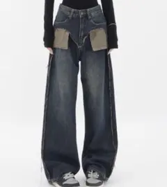 【Vipoa】ダメージポケットワイドデニムパンツ ZOZOTOWN