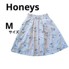 【Honeys】スカート (M) フレア ベージュ花柄 膝丈 上品 高見え