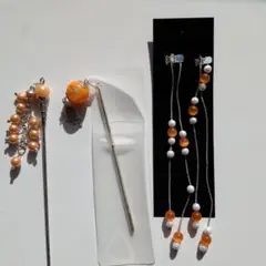 オレンジとホワイトのビーズかんざし・クリップセット