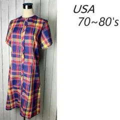 USA古着 70s～80s USA製 薄手 チェック比翼ロングワンピース 12