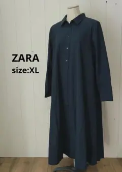 ザラ ZARA バックプリーツ シャツワンピ 希少サイズ XL ネイビー