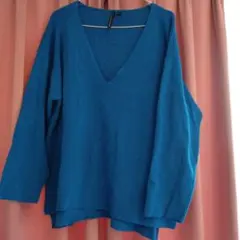 青 Vネック 長袖トップス サイズLL　ブルー　春ニット
