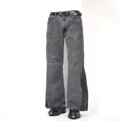【リメイク】再構築　バギーフレア　ワイド　ブラックデニム　ステッチ　グランジ