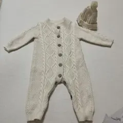 ベビー服 ニット ロンパース カバーオール　ポンポン帽子付き