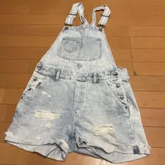 H＆M ダメージデニムのショートオーバーオール ツナギライトブルー EUR 32