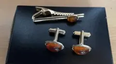 昭和レトロ ネクタイピン カフスボタン セット オレンジ系 ゴールドカラー