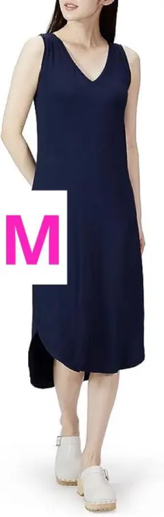 ワンピース ジャージー素材 Vネック ノースリーブ レディース　ネイビー　M
