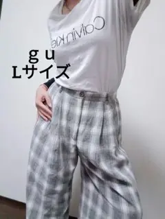 大きいサイズ GU チェック柄 ワイドパンツ ダブルタック Lサイズ
