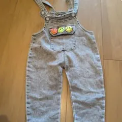 キッズ デニムオーバーオール サロペット スマイルワッペン付き グレー 男女兼用
