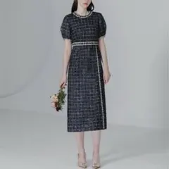LEJA ツイード柄ハイウエストソフトパフスリーブドレス 結婚式　お呼ばれ