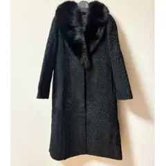 【希少】ペルシャンラム アストラカン×フォックス襟 毛皮ファー ロングコート M アストラカン カラクールラム フォックスファーコート XL 黒 ロング丈