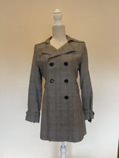 グレー系チェック柄 ダブルブレストトレンチコート 紐付きスプリングコート