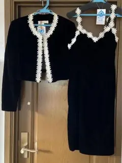 黒 ベルベット 花飾り ドレスとジャケット セット　9号　上質　クリーニング済み