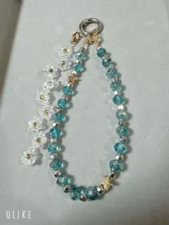 ハンドメイド 青色ビーズ携帯ストラップ