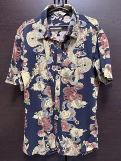 パラスパレス／日本製 藍染め インディゴ フラワープリントシャツ 半袖