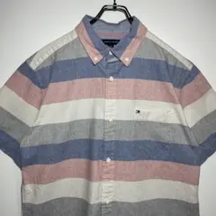 トミーヒルフィガー　ボタンダウンシャツ　サイズXL　ボーダー　ポケット　古着