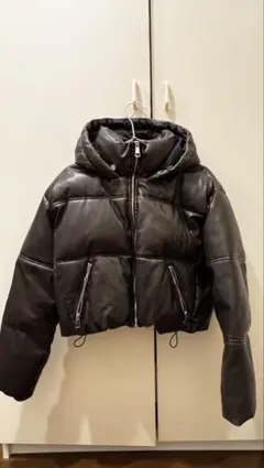 ZARA フード付きブラックレザージャケット