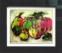 油絵菅家令子絵画インテリア額付(青緑＋金色の枠)uF6-061404静物