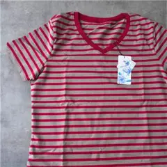 EASTEMPO❤️ボーダー Vネック Tシャツ レッド×ベージュ M