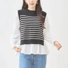 reve bleu 新品 ストライプ柄 レイヤード 長袖トップス