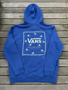 希少デザインVANS ブルーXLパーカー ロゴバックプリント