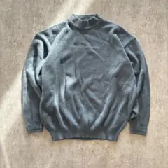 日本製 ウール混 モックネック ニット L 刺繍 杢ブルー だぼ感 ノームコア