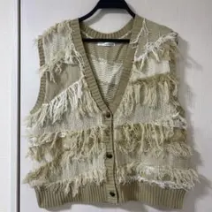 フリンジ付きベージュニットベスト　L Lサイズ　美品