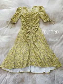 【美品】CELFORDセルフォード 花柄ワンピース 半袖 イエロー　サイズ38