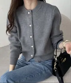 andme パールボタン無地ボーダー長袖ニットカーディガン