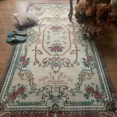 トルコヴィンテージラグ　201×106 ローズ　ボタニカル　オーバーダイ