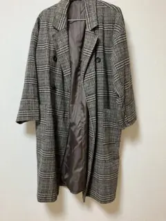 グレー系チェック柄 ダブルブレスト ロングコート Mサイズ