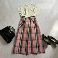 美品 【ドゥボンクール】 コットン リネン チェック柄 タイトスカート ピンク