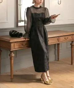 forksy. サテンジャガードオーガンジー切り替えワンピース ブラック