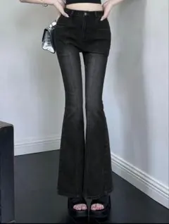 SHEIN フレアデニムパンツ ハイウエスト ブラック XSサイズ　黒のサムネイル