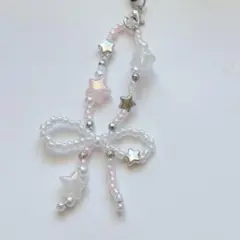 ⑭ ビーズキーホルダー ストラップ ハンドメイド リボン ウィッシュコア ピンク