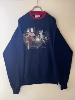 No.5190 USA製 猫×鳥プリント ネイビースウェット L**