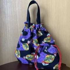 ハンドメイド　ゴム巾着バッグ　ミニ巾着　和柄　花柄　2点セット