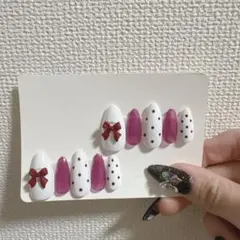 リボンとドットデザイン ネイルチップ 10個セット