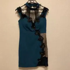胸パッド付 タイトドレス ワンピース Lサイズ グリーン ブラックレース