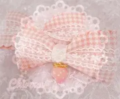 いちごとお花レースのギンガムヘアクリップ(ピンク)りぼん チェック アイドル