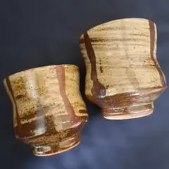 四彩面取湯呑 一対 河井透作？河井寛次郎(大叔父）陶器 湯呑み 2客セット 四彩面取湯呑 一対 河井透作？河井寛次郎(大叔父）陶器 湯呑み 2客