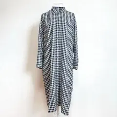 ICHI イチ 麻100 ギンガムチェック ギャザー シャツワンピース 前開き